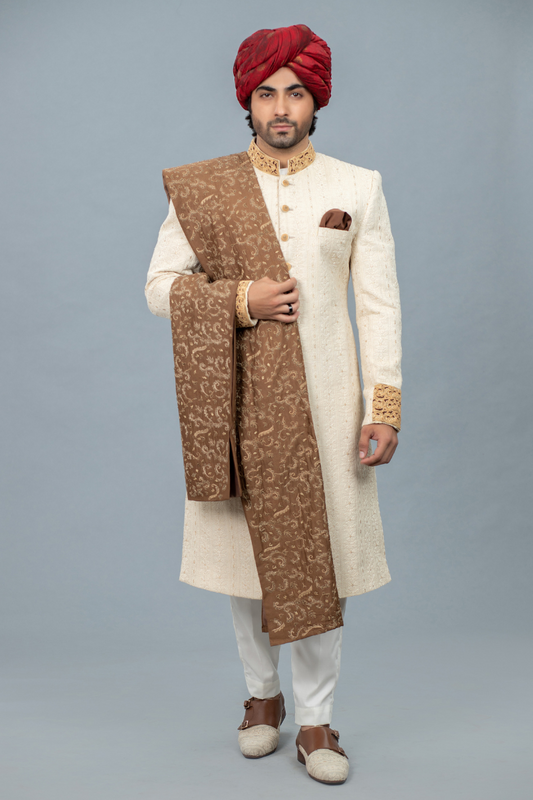 Exquisite Cream Chicken Kari Sherwani