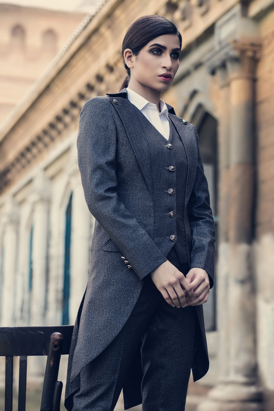 Women's Brown Textured Long Coat With Waistcoat Pant