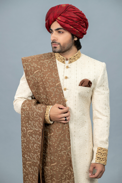 Exquisite Cream Chicken Kari Sherwani