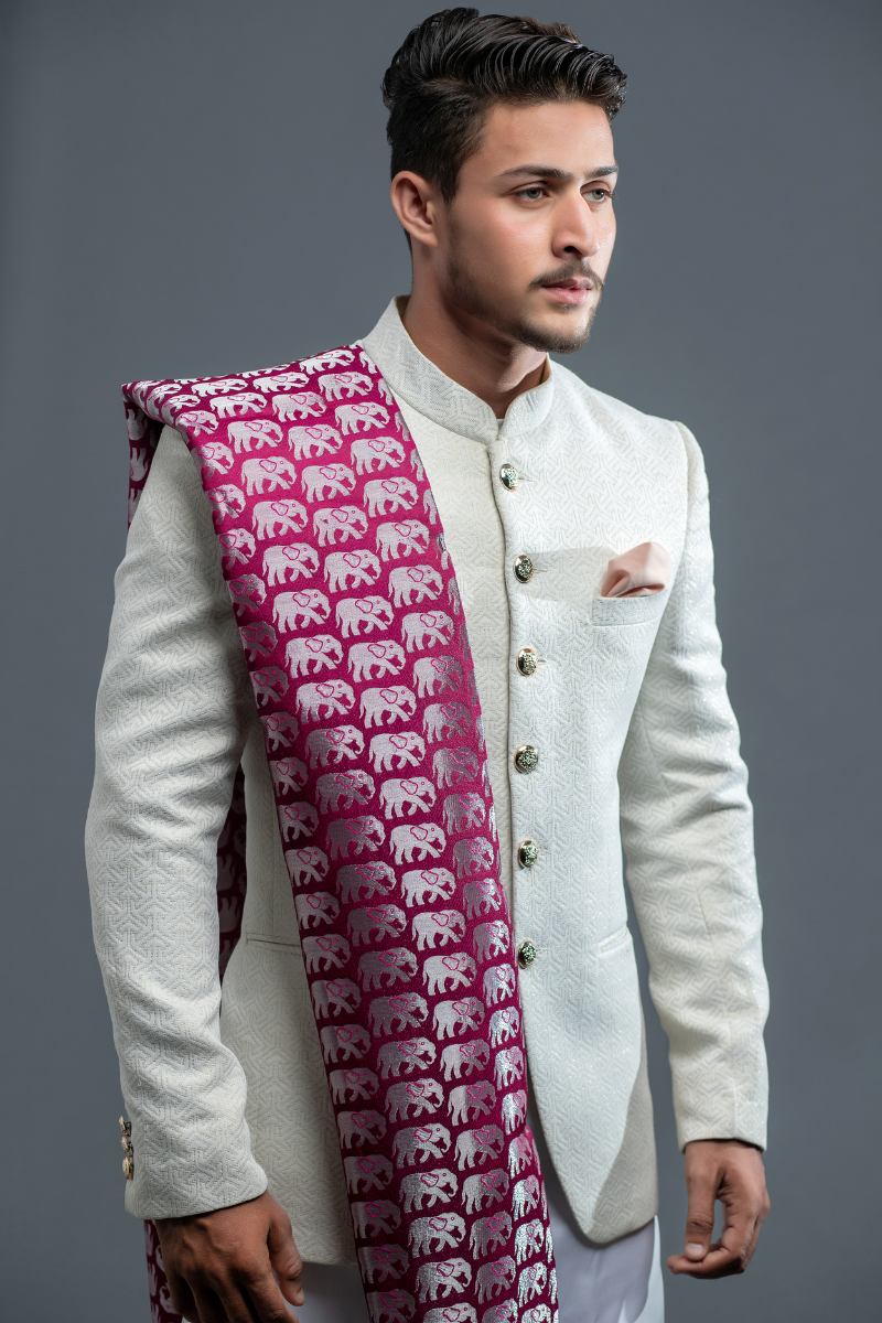 Exquisite White Textured Princecoat Jacket
