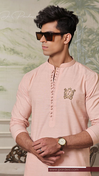 Blush Bloom Hand-Embroidered Cotton Linen Kurta Festive Eid Collection