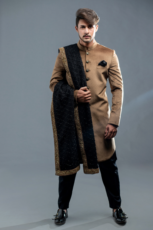 Exquisite Men’s Velvet Golden Textured Sherwani