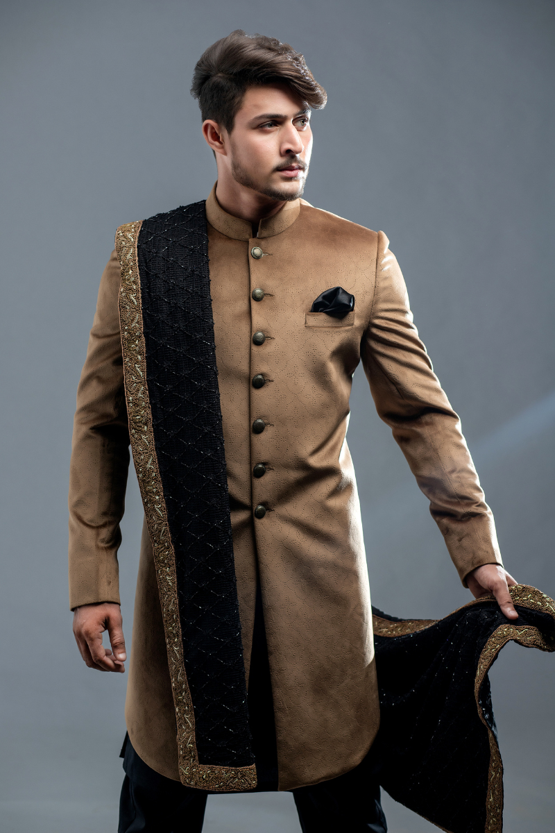 Exquisite Men’s Velvet Golden Textured Sherwani