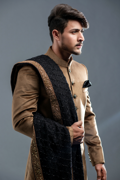 Exquisite Men’s Velvet Golden Textured Sherwani
