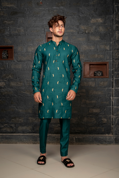 Emerald Green Kurta Pajama with Golden Feather Embroidery