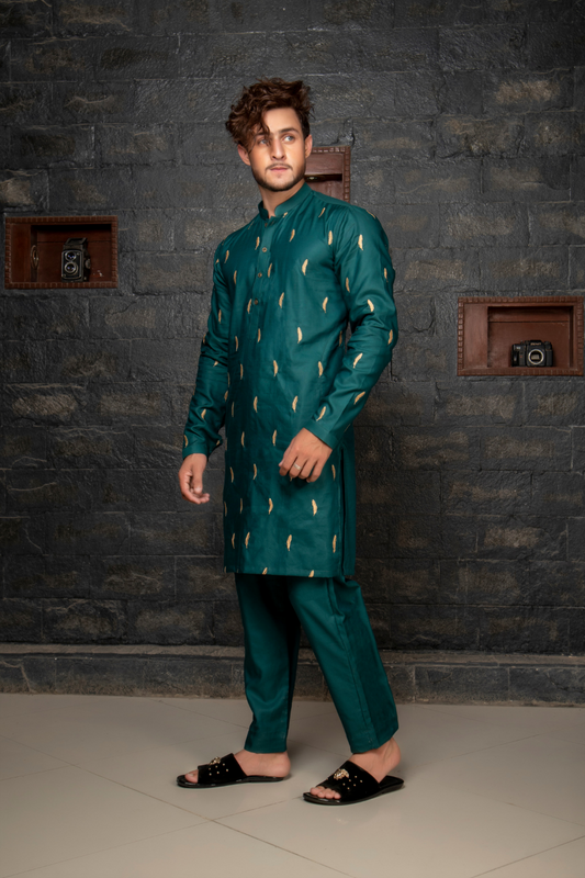 Emerald Green Kurta Pajama with Golden Feather Embroidery