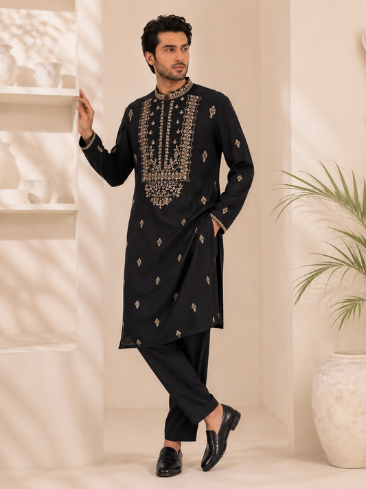 Black Lucknowi Kurta Pajama