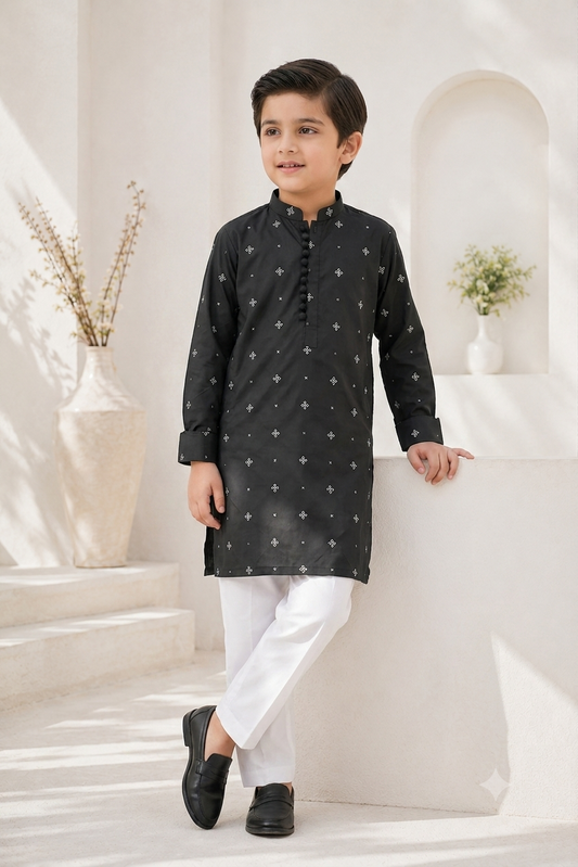 Boys Black White Embroidered
