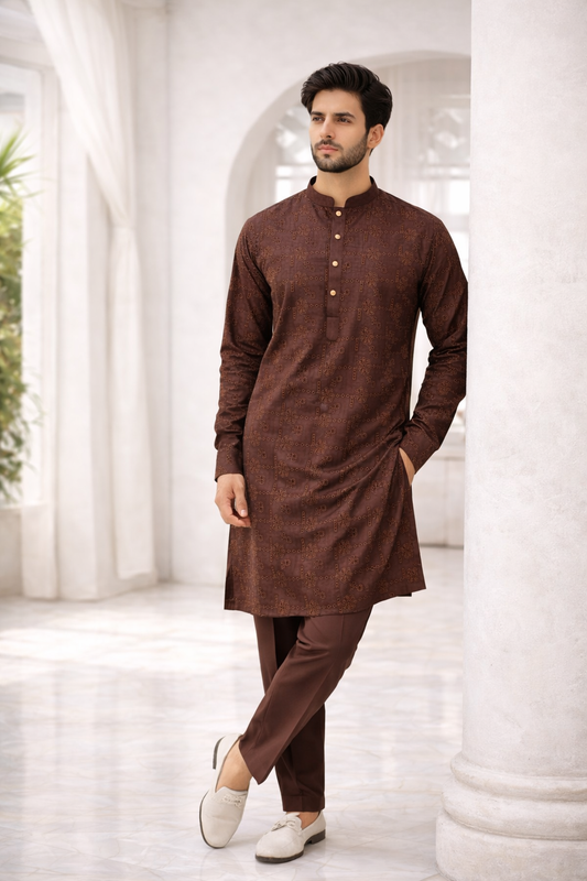 Zarrar Brown Embroidered Kurta Pajama