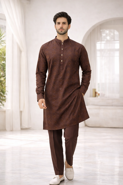 Zarrar Brown Embroidered Kurta Pajama