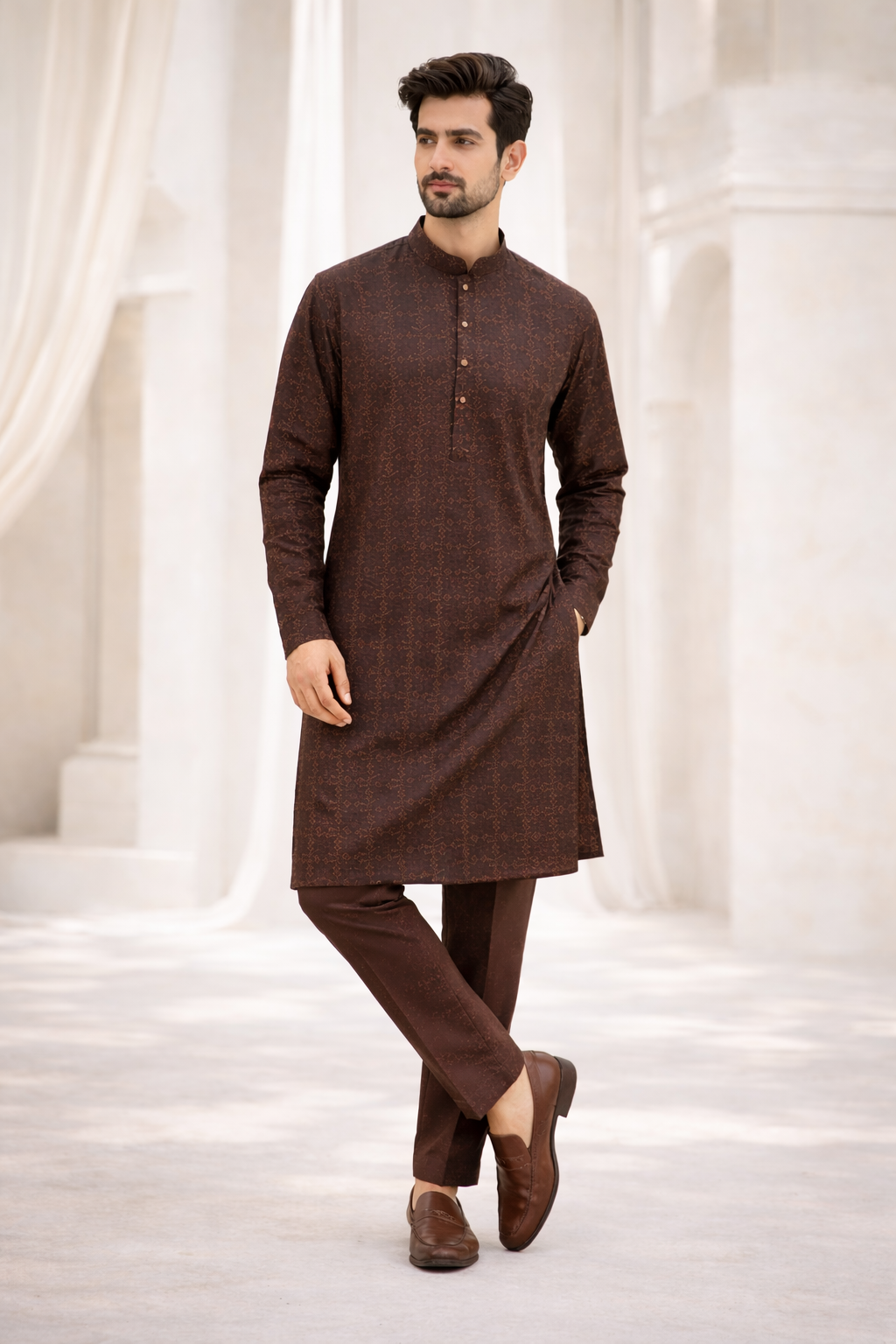 Zarrar Brown Embroidered Kurta Pajama