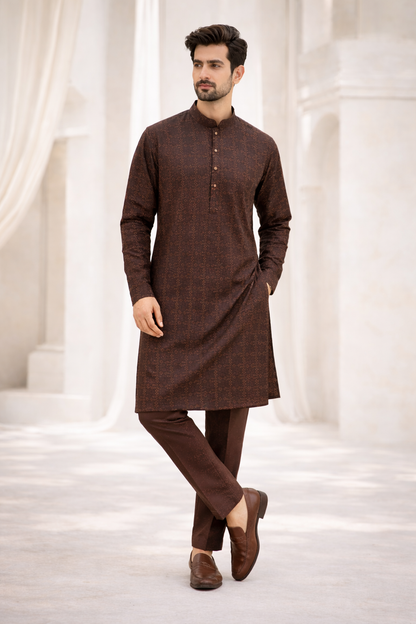 Zarrar Brown Embroidered Kurta Pajama