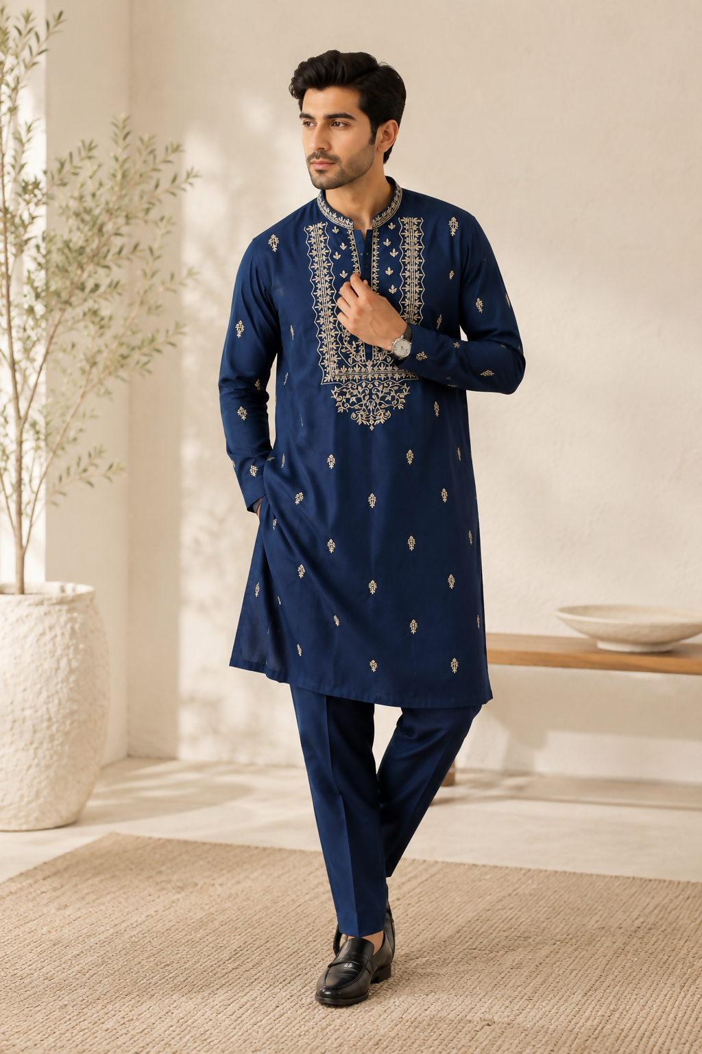 Midnight Blue Lucknowi Kurta Pajama