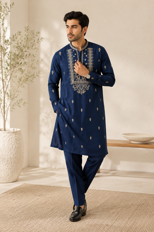 Midnight Blue Lucknowi Kurta Pajama