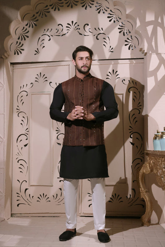 Stripped Brown Mirror Work Waist Coat